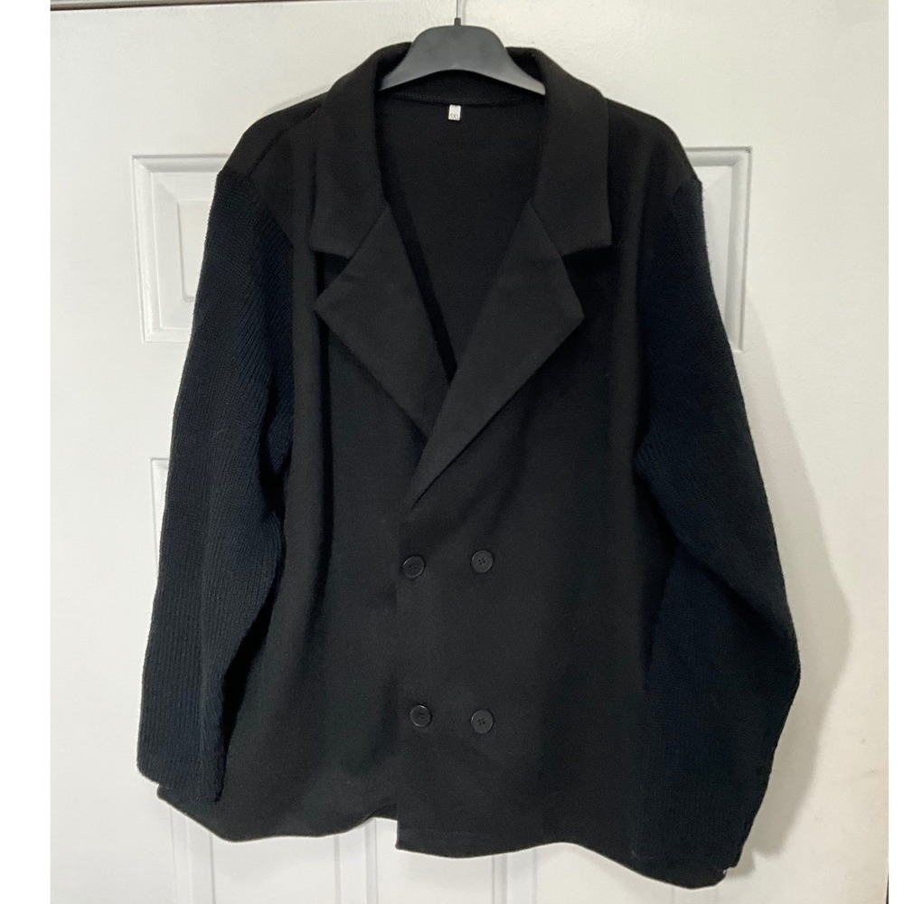 Black Mixed Media Double Breasted Blazer Knit Sleeve Jacket 5XL